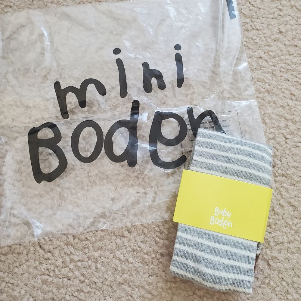 Mini Boden Striped Gray and Coral Knit Tights with Monkey Design